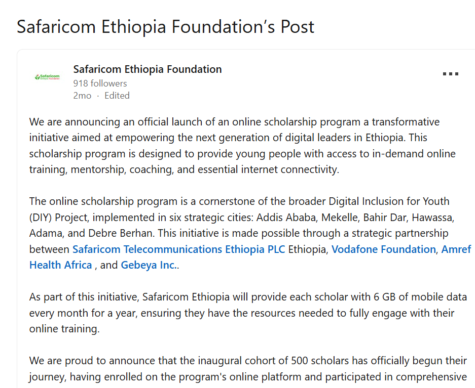 Safaricom Ethiopia Foundation - Expanding Digital Horizons: Focus on Youth Empowerment